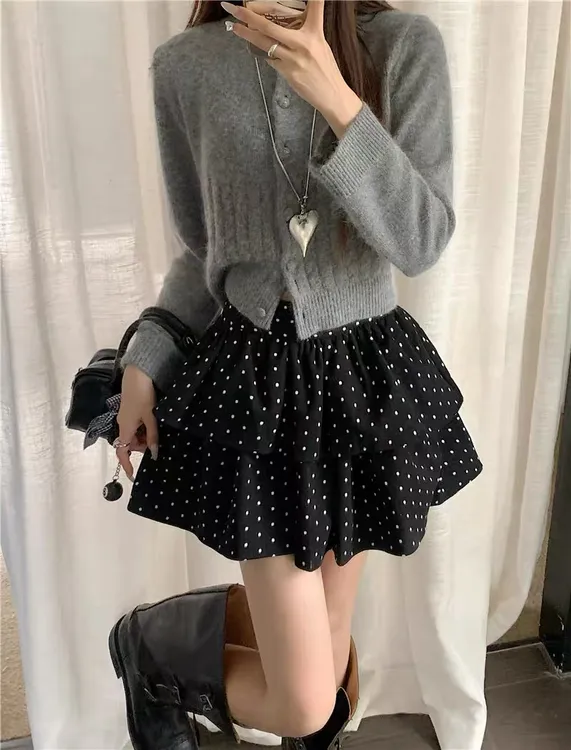 秋冬新款韩系辣妹风波点半身裙A字拉链高腰显瘦小香风蛋糕短裙