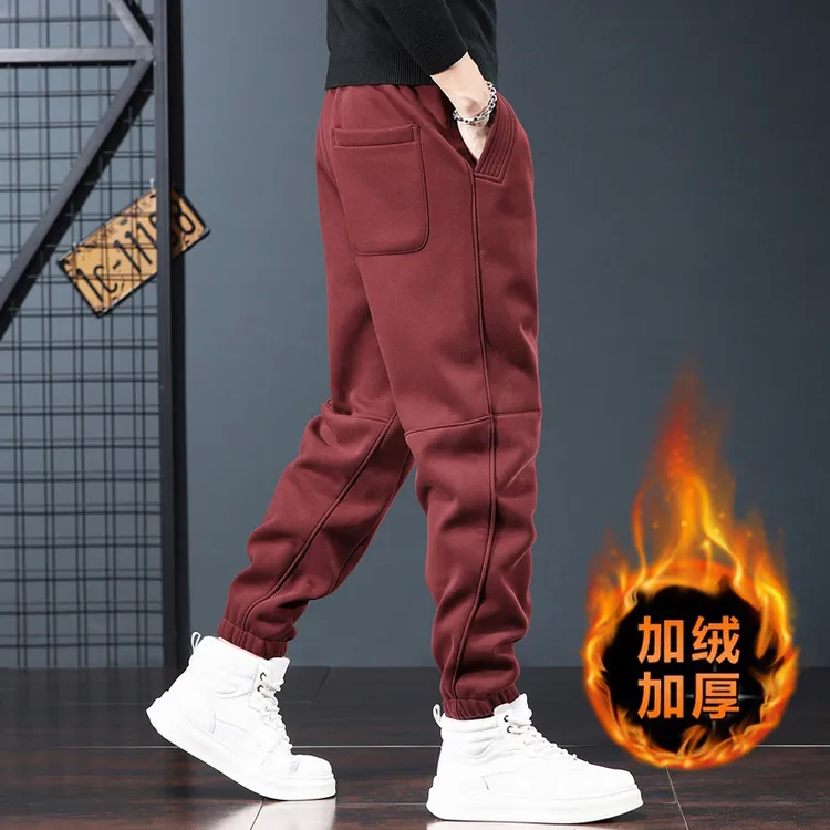 潮牌酒红色休闲裤男美式痞帅高级感运动裤子冬季新款加绒加厚卫裤