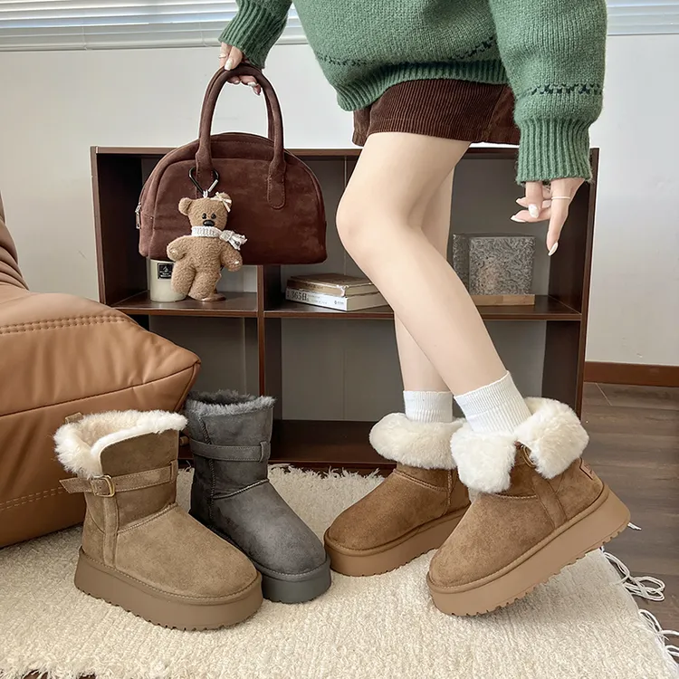 欧货磨砂雪地靴2025秋冬季加绒保暖小个子厚底松糕4cm短靴棉靴女