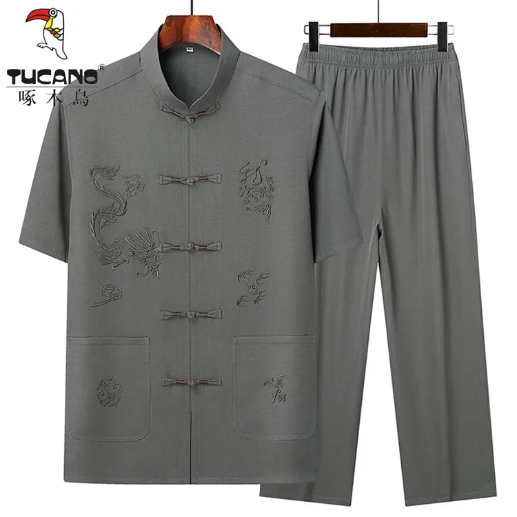 啄木鸟夏季爸爸冰丝短袖衬衣男中国风唐装中老年人爷爷装休闲装