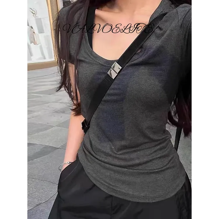 正肩修身打底衫t恤女潮流微胖显瘦纯欲春夏复古U领锁骨短袖小上衣