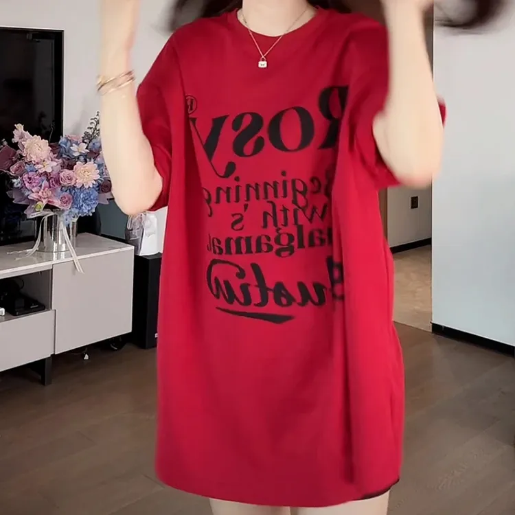 短袖慵懒风百搭风印花圆领欧美风T恤夏装时尚休闲中短袖红色长款