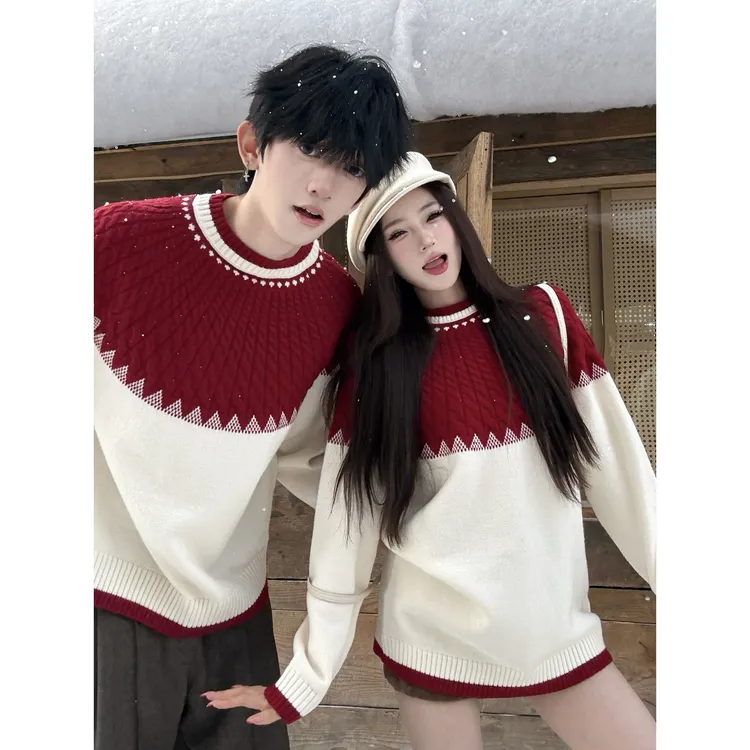 2025新款复古风费尔岛撞色毛衣女情侣装加厚圆领针织衫圣诞新年潮