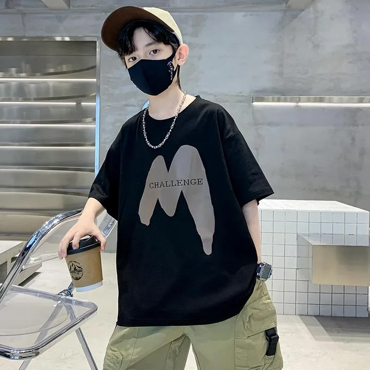 男童宽松短袖T恤2025新款中大儿童洋帅气男孩夏装上衣体恤潮t