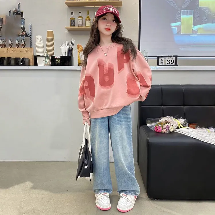 女童中大童长袖粉色卫衣时髦洋气春秋薄款套头字母高级感儿童上衣