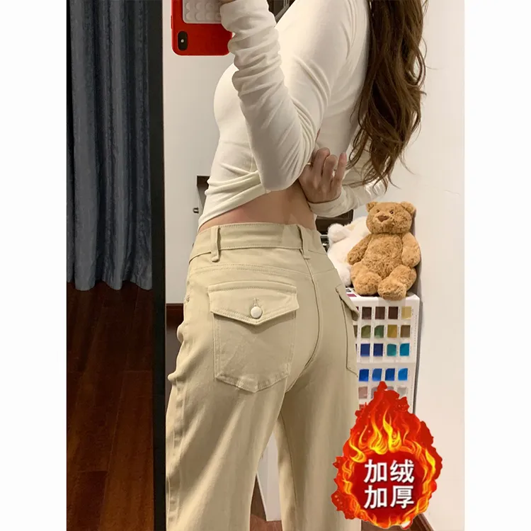 美式简约设计感微喇叭裤女2025冬季新款加绒修身显瘦百搭牛仔裤