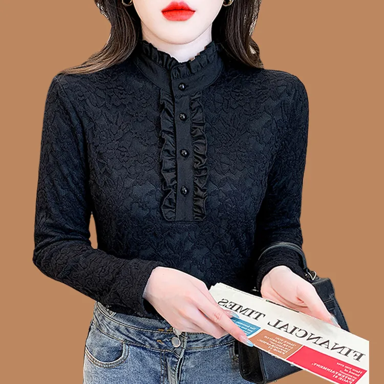 半高领蕾丝加绒打底衫女冬长袖外穿大码洋气内搭小衫加厚保暖上衣
