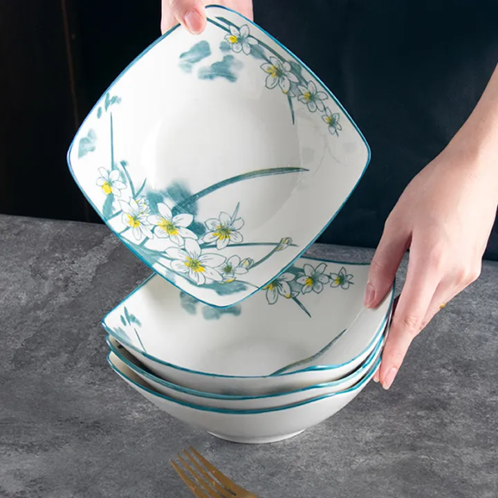 水仙花四角盘子菜盘家用釉下彩简约陶瓷高级翘脚碗凉菜汤碗沙拉碗