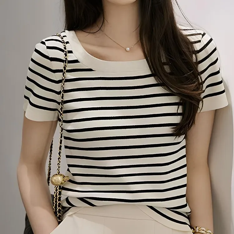 100%莱赛尔天丝法式方领正肩条纹针织短袖t恤女夏季显瘦洋气时尚