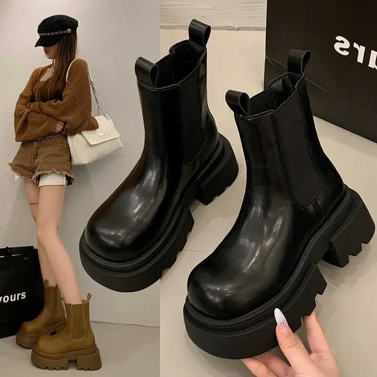 牛皮版~内复古短靴女2025秋冬西部马丁靴圆头短筒勃肯堆堆靴