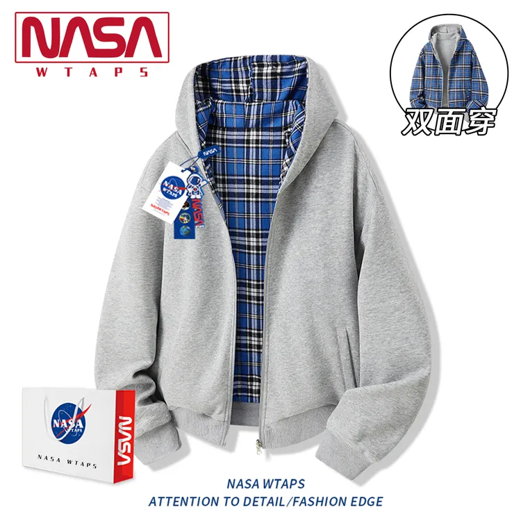 NASA WTAPS连帽卫衣男秋季可双穿格纹拼接外套轻奢高级感男生衣服