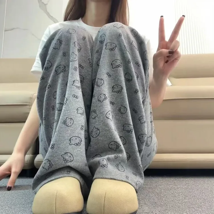 慵懒风阔腿裤秋冬新款百搭kitty印花针织糯米裤款直筒宽松休闲裤