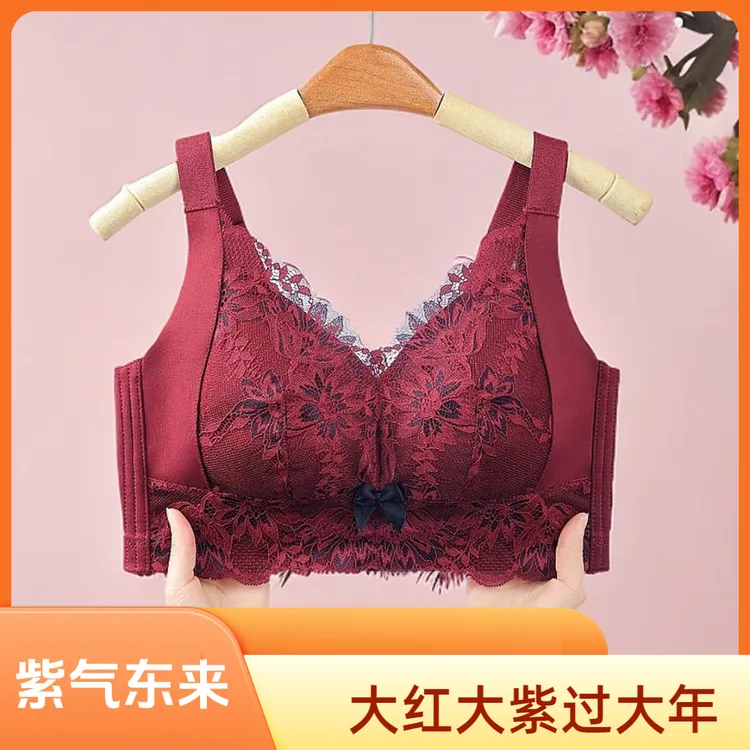 彤米琪秋冬大码大胸红色薄纱蕾丝无钢圈调整型聚拢防下垂大码文胸