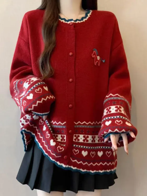 2025时尚百搭宽松韩版针织圆领拼接小马针织开衫452