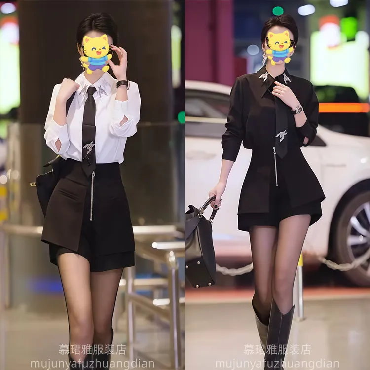 欧洲站早春新款女装翻领通勤领带设计感洋气百搭长袖衬衫上衣短裤