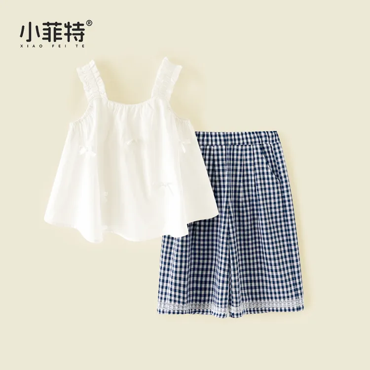 小菲特夏季新款女童甜美套装薄款女孩吊带格子裤两件套CJTX51619