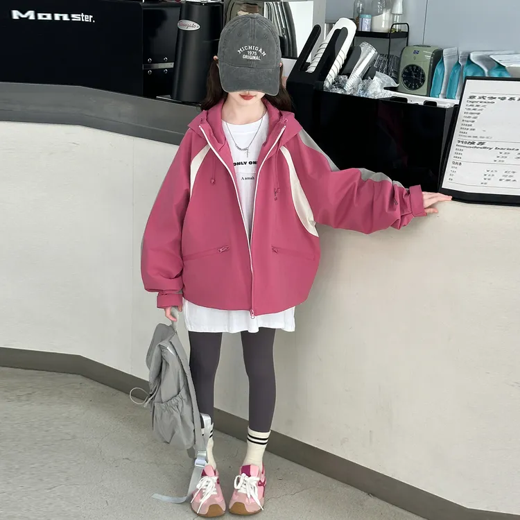 女童连帽风衣外套2025秋季新款6-12岁中大儿童时髦洋气夹克冲锋衣