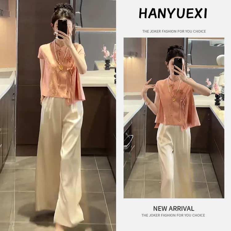 今年流行穿搭一整套2025新款刺绣盘扣抽绳设计上衣宽松阔腿裤套装