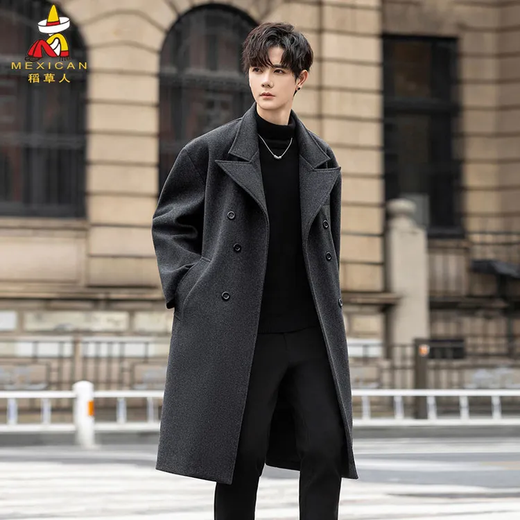 稻草人痞帅韩系风衣外套男中长款秋冬季韩版潮流双排扣毛呢大衣男