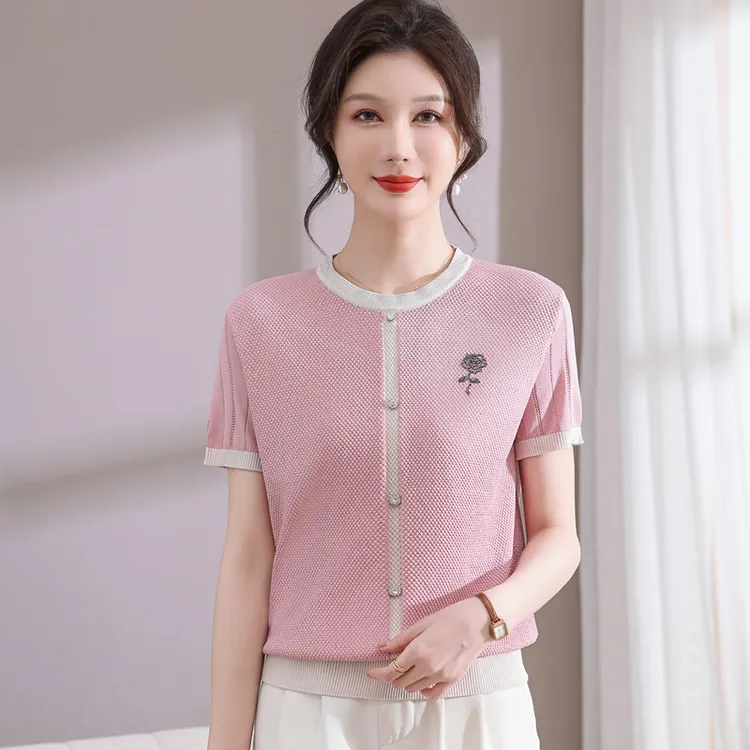 年轻妈妈夏装薄短袖T恤2025夏季新款中老年女装高档女士冰丝上衣