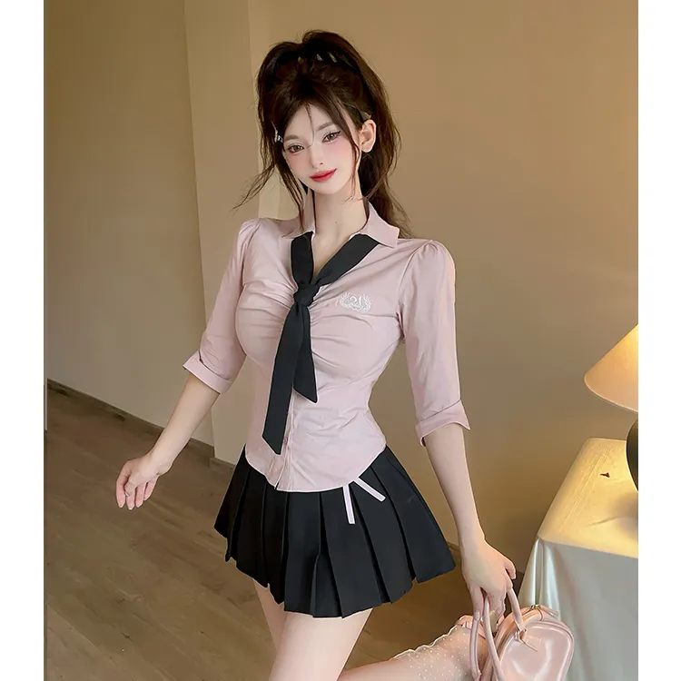 纯欲学院风穿搭套装刺绣polo领衬衫上衣夏季百褶半身裙JK制服套装