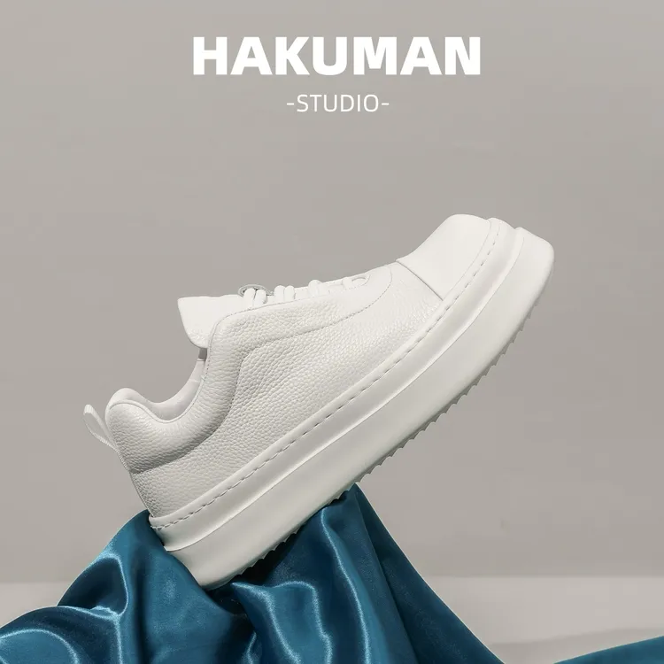 HAKUMAN夏季透气小白鞋厚底板鞋头层牛皮羊皮内里ins小众增高百搭