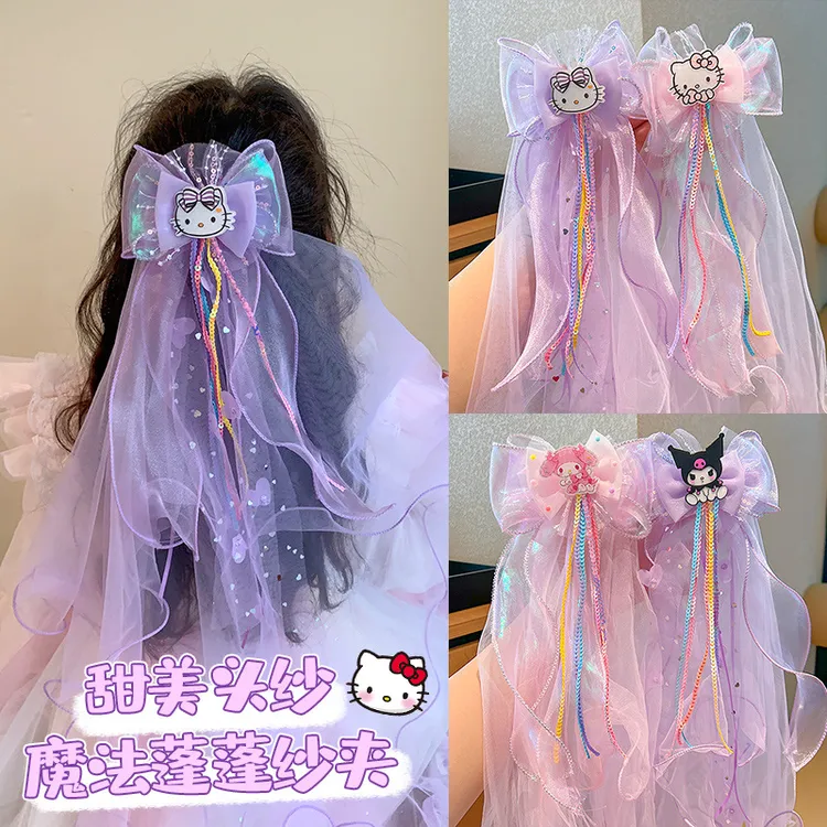 儿童库洛米头纱发夹2025新款小女孩公主后脑勺大号蝴蝶结发卡头饰