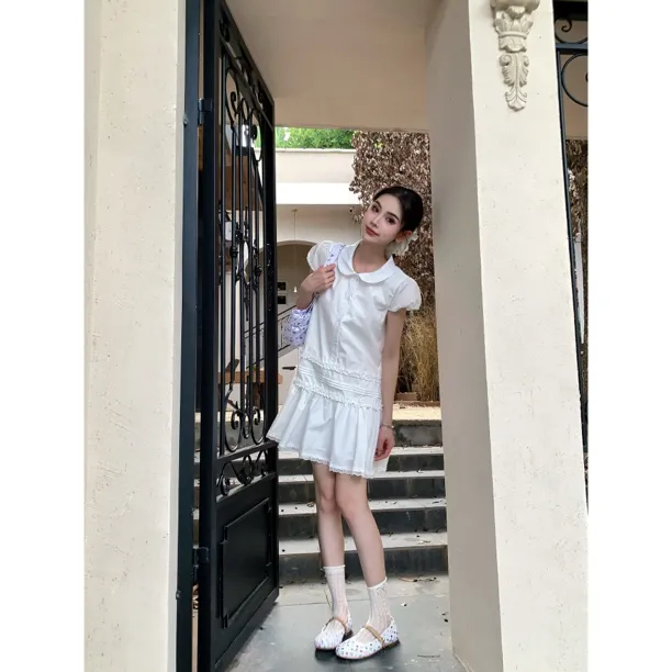 【赵小小&白茶少女】28822 蕾丝刺绣拼接花边衬衫娃娃领显瘦连衣裙