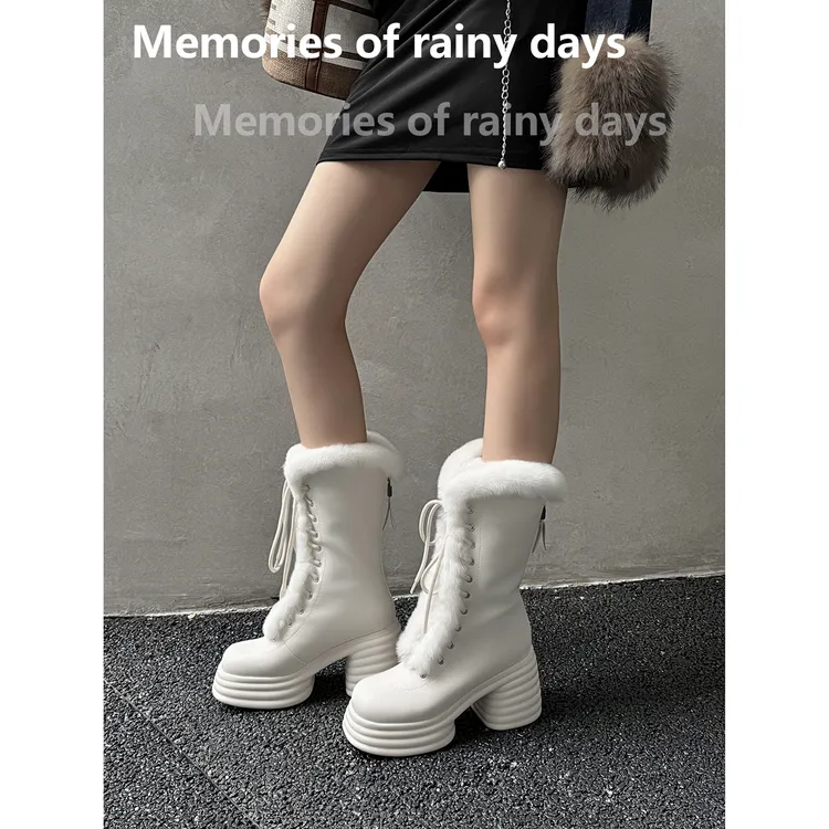 小个子欧美风中筒高帮厚拉链时尚雪地靴大棉中筒靴女靴白色冬季新