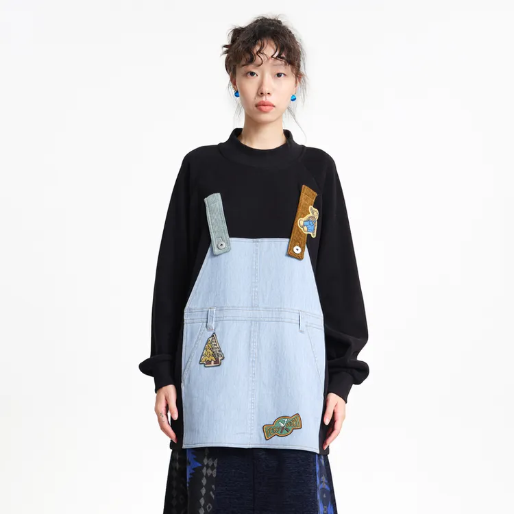 MOVEUP幻走2025冬新款.FUN 撞色背带绣花中长款卫衣女3EWD11406