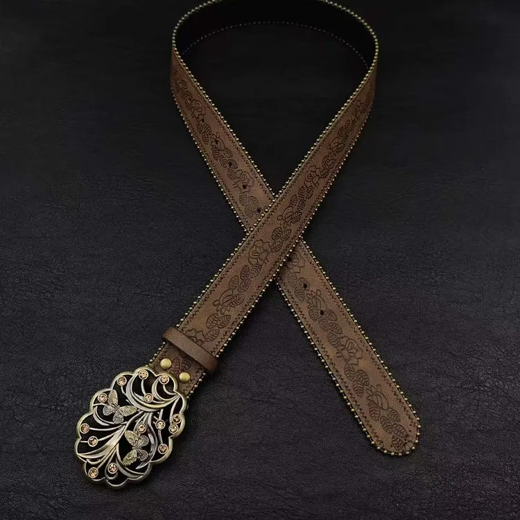棕色古着蝴蝶金属扣腰带女2025新款民族风复古压花皮带搭配连衣裙