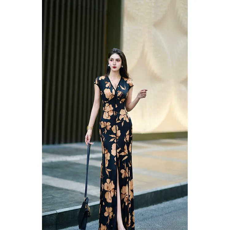 尤克菲儿 原创法式高定水晶麻印花气质优雅修身显瘦连衣裙