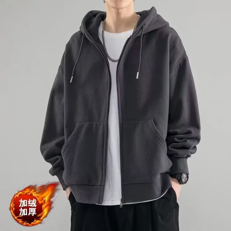 秋冬开衫加绒卫衣男士2024新款潮牌百搭学生休闲连帽衫拉链外套