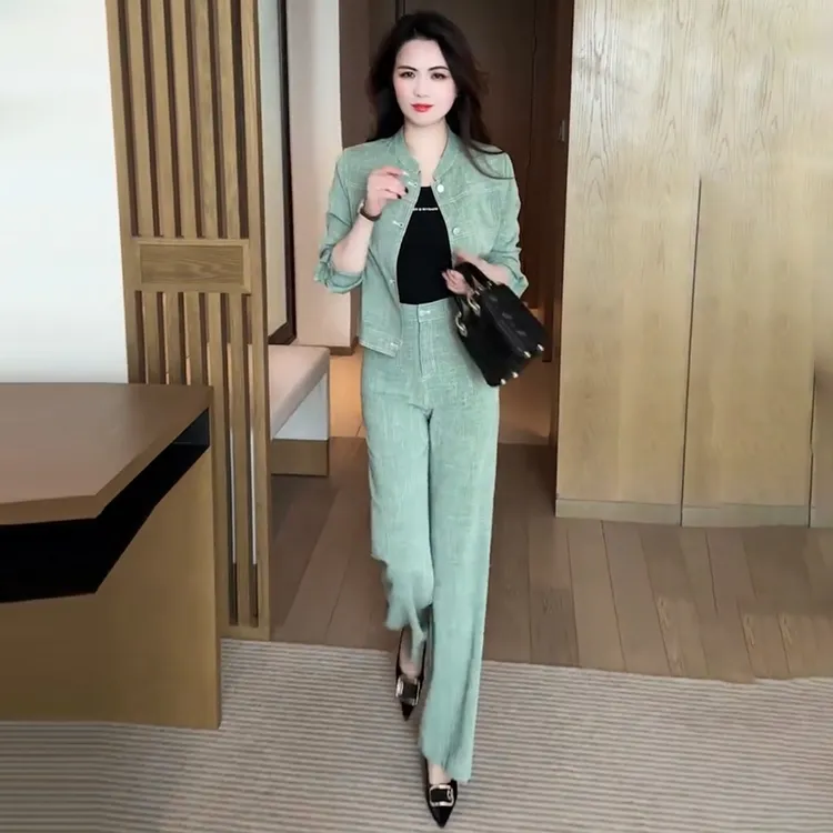 时尚高级感休闲套装女2025春夏新款外套上衣直筒裤显瘦减龄一整套