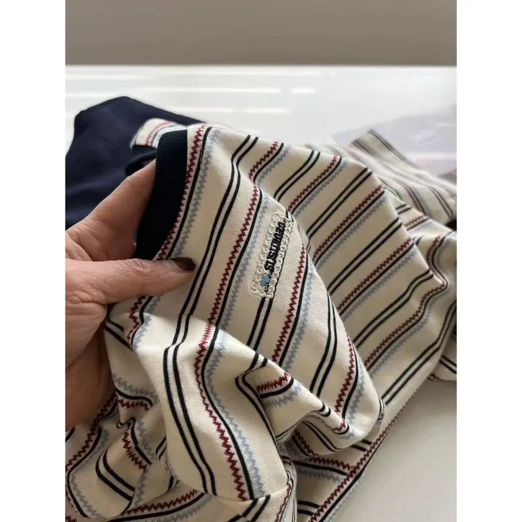 长袖~字母绣标~温柔米杏多巴胺条纹打底衫百搭显瘦25098