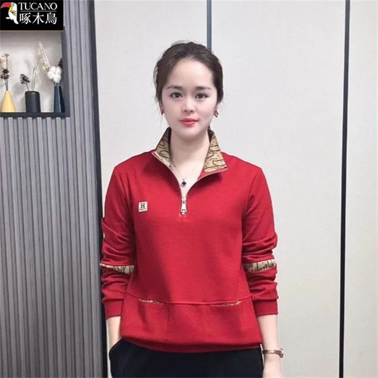 啄木鸟新款撞色翻领上衣春秋季长袖洋气百搭卫衣女中年减龄妈妈装