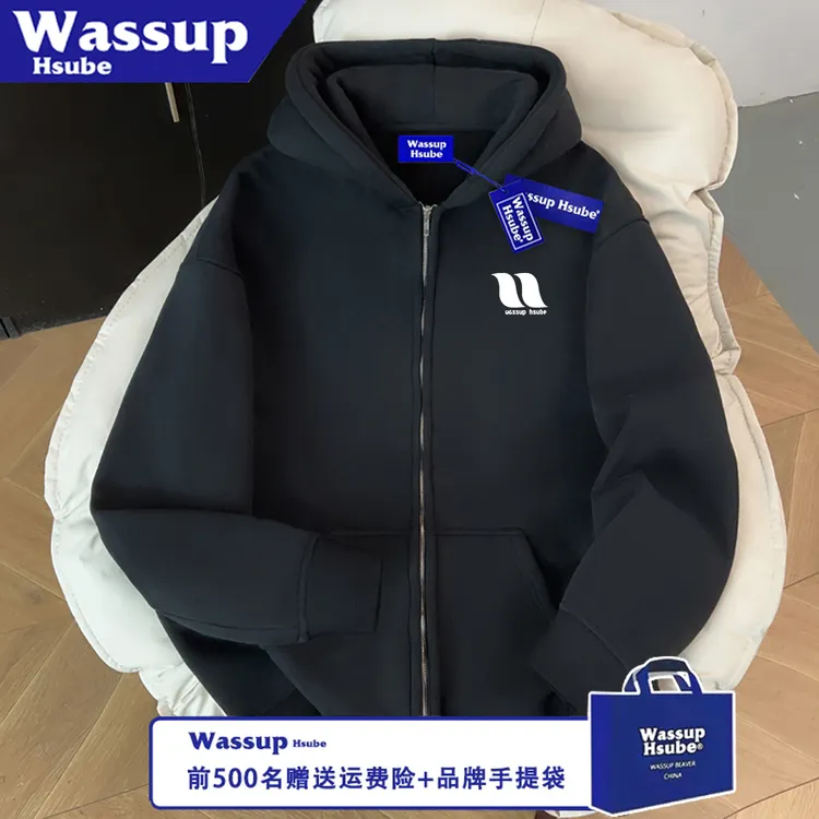 WASSUP HSUBE百搭长袖宽松简约几何字母情侣拉链印花秋冬连帽上衣