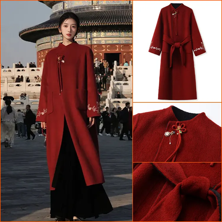 外套旗袍红色毛呢加厚复古结婚中式中长款加绒中国风保暖秋冬季