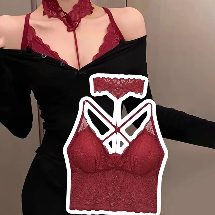 纯欲辣妹性感蕾丝红色小吊带美背背心带胸垫裹胸内搭挂脖抹胸上衣