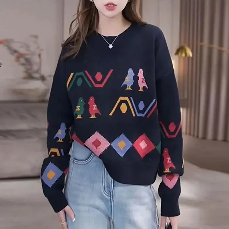 秋冬设计感圆领毛衣外套显瘦长袖上衣时尚百搭提花针织衫女款