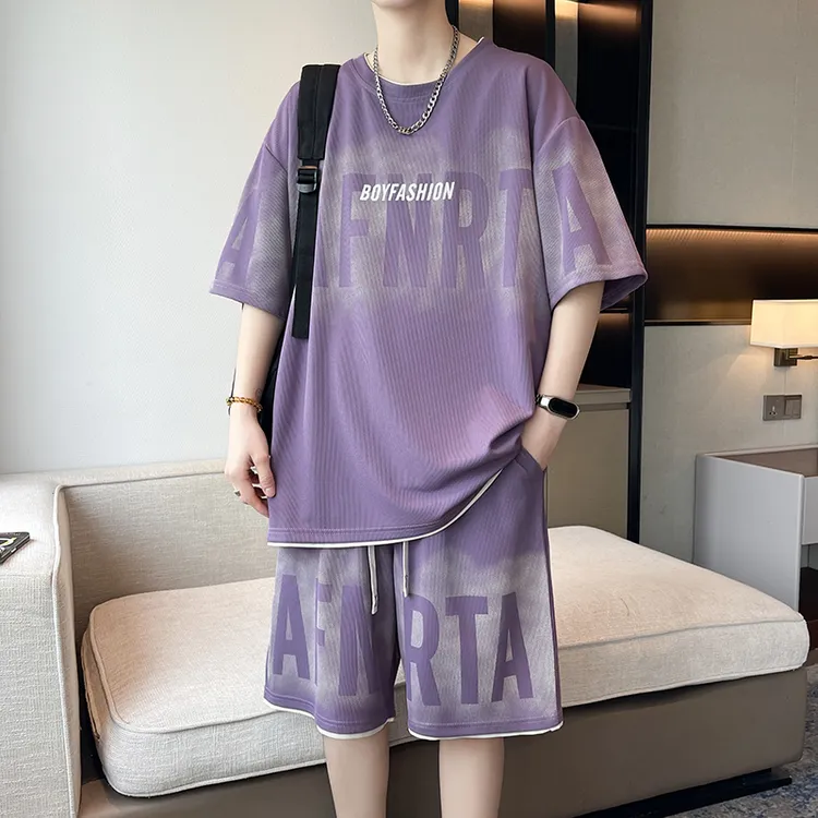 夏季男士休闲运动套装青少年薄款宽松百搭短袖t恤印花短裤两件套