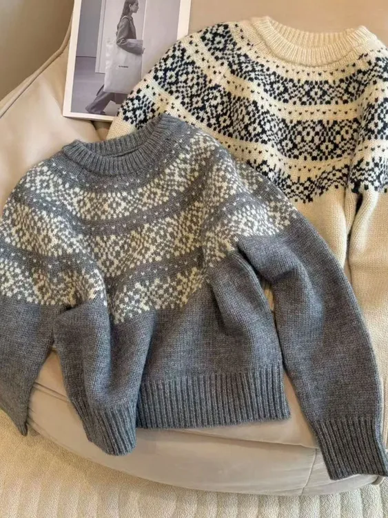 韩系复古费尔岛套头毛衣女秋冬可外穿内搭加厚宽松慵懒打底针织衫