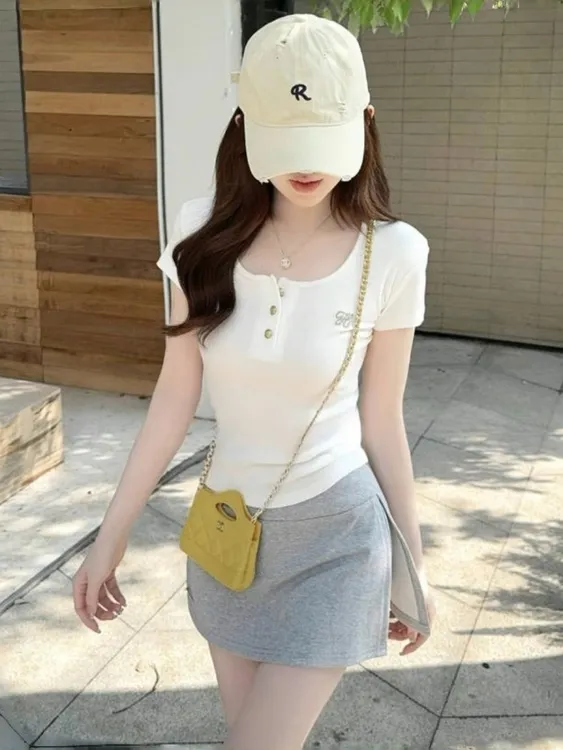 夏日ootd辣妹套装时尚减龄短袖T恤半身裙两件套小个子穿搭一整套