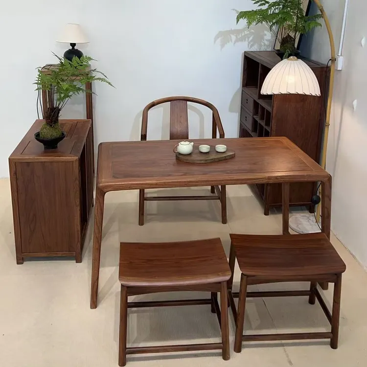 2新中式老榆木阳台茶桌茶桌茶台一整套实木茶台家用简约书椅书房