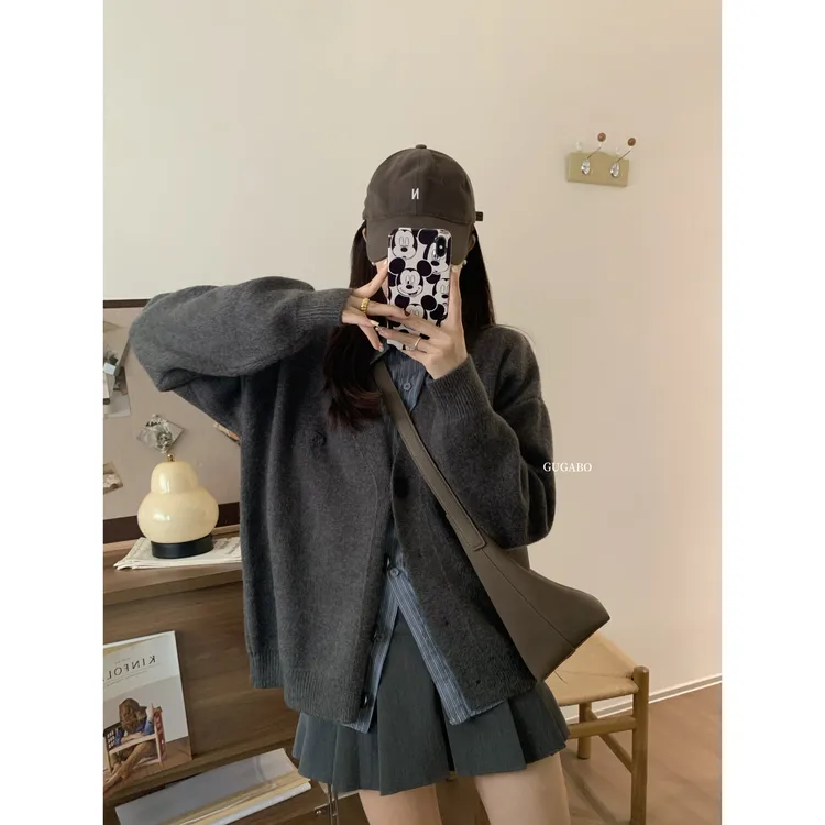 GUGABO 大被子灰色V领宽松百搭显瘦遮肉针织毛衣开衫