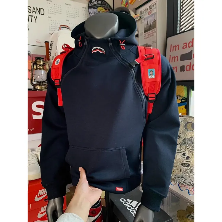 鲨鱼嘴刺绣藏蓝色卫衣男连帽秋季美式重磅拉链设计感高级套头外套