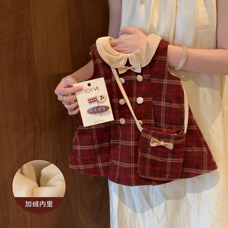 小沐沐女童秋冬背心裙2025新款周岁红色连衣裙小童女宝宝洋气裙子