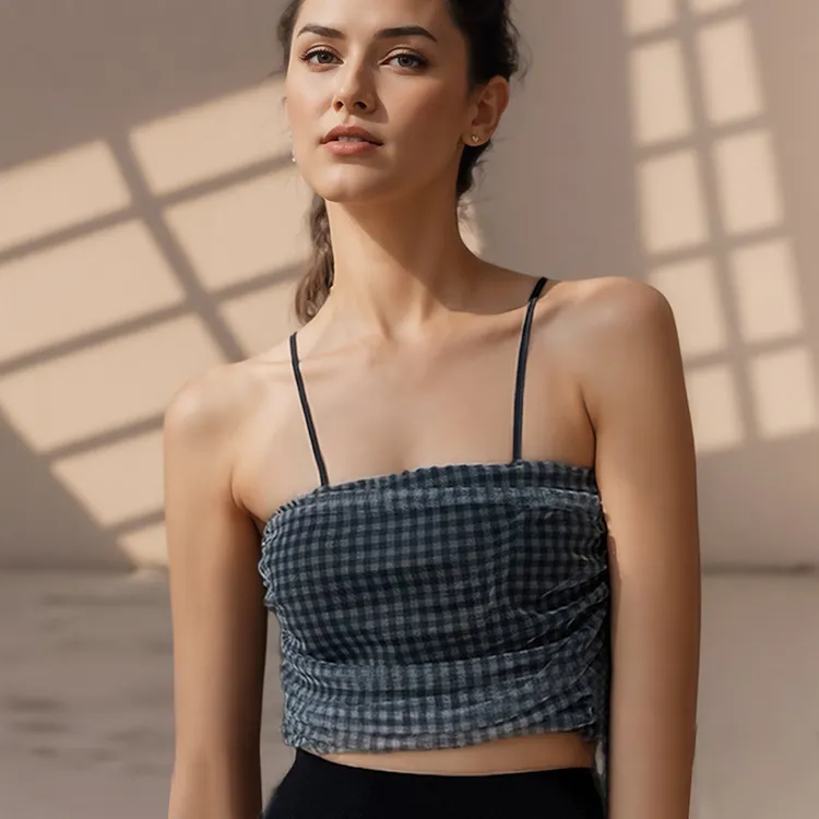 2025爆款高级感方格印花网纱吊带文胸裸感瑜伽服内衣运动健身背心