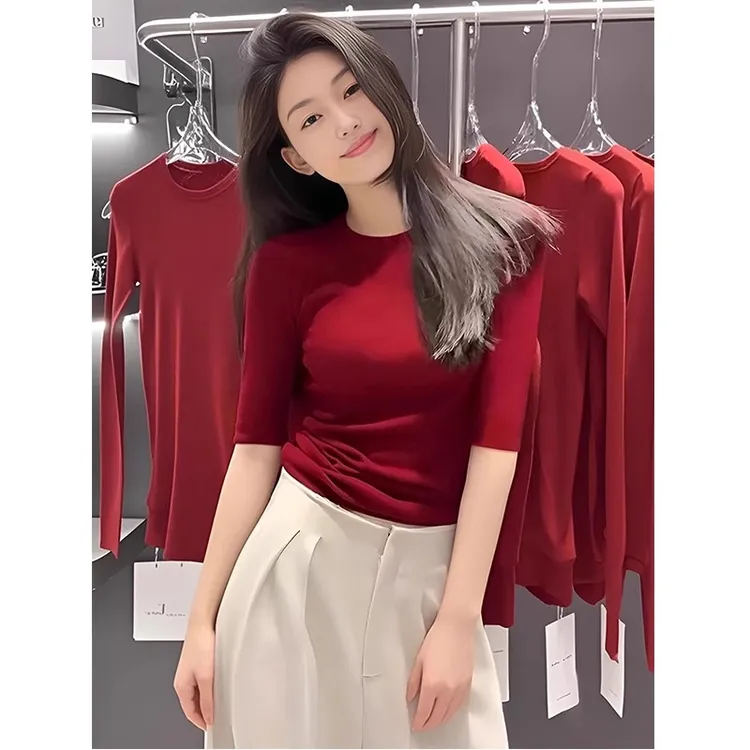 五分袖针织衫女春秋薄款中袖韩系氛围感红茶风穿搭修身打底衫上衣