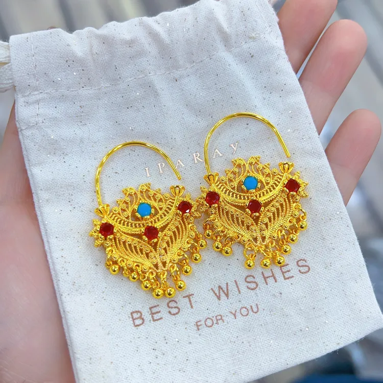 铜合金耳饰 新款时尚精美百搭气质民族风耳环金色古风镶嵌